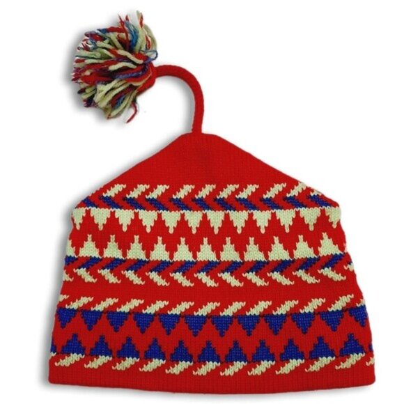 Retro 80's CAPPELLO 100% Wool Intarsia Geo Pattern Knit Beanie Hat w/ Pom-Pom OS - Picture 1 of 14